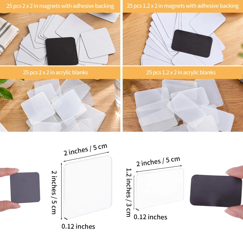Set di 50 magneti in acrilico per frigorifero, dimensioni 3x5 cm e 5x5 cm