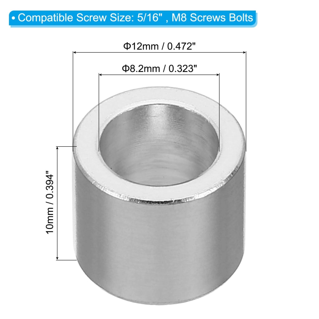 5 distanziatori in alluminio M8, dimensioni 8,2x12x10 mm, color argento