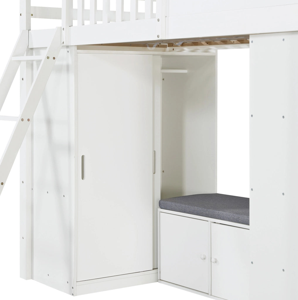 Letto a soppalco 90x200 con armadio e panca bianco/naturale