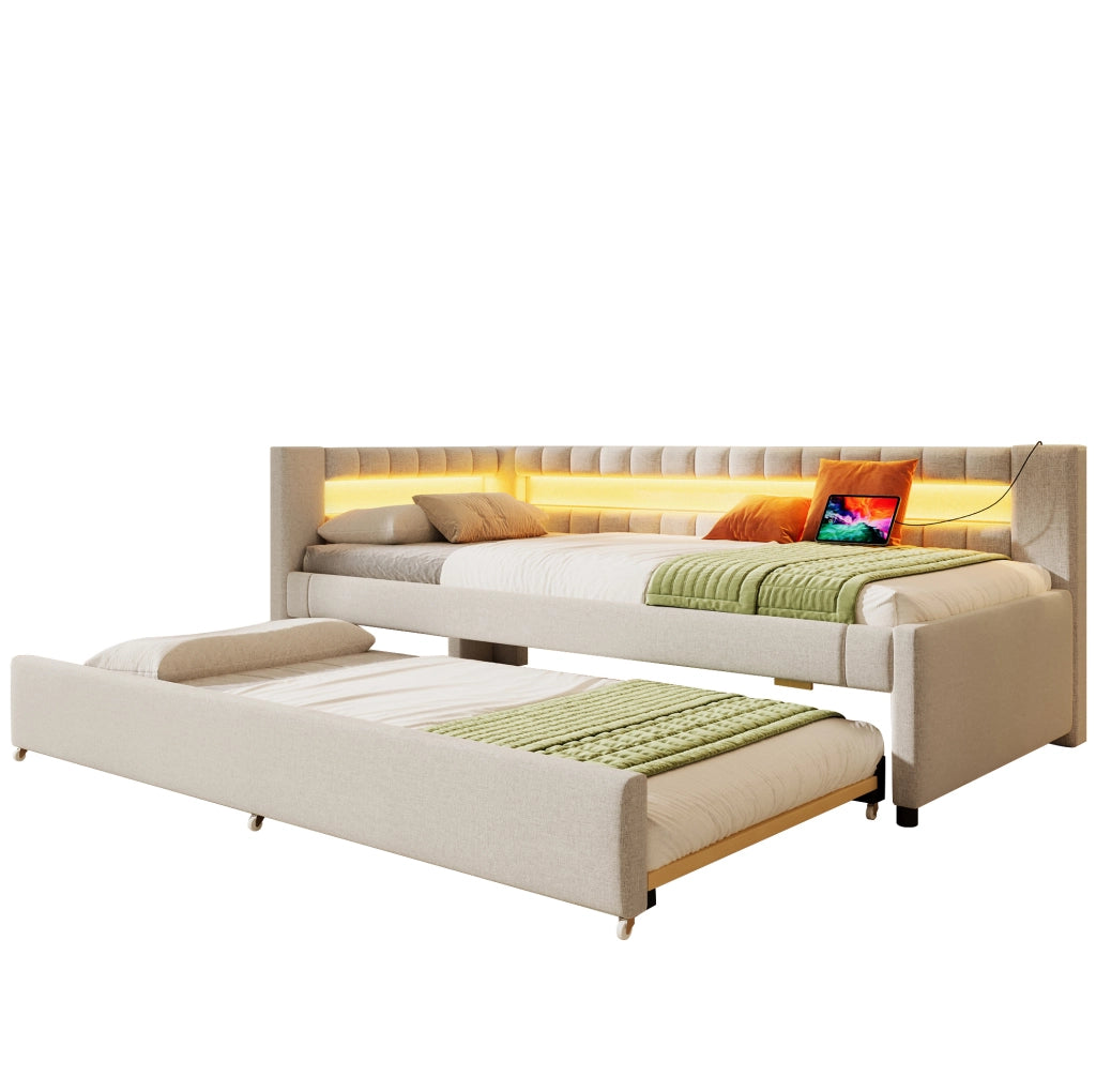 Daybed estraibile con illuminazione LED, 90x200 cm, in lino beige con porte USB e TYPE-C