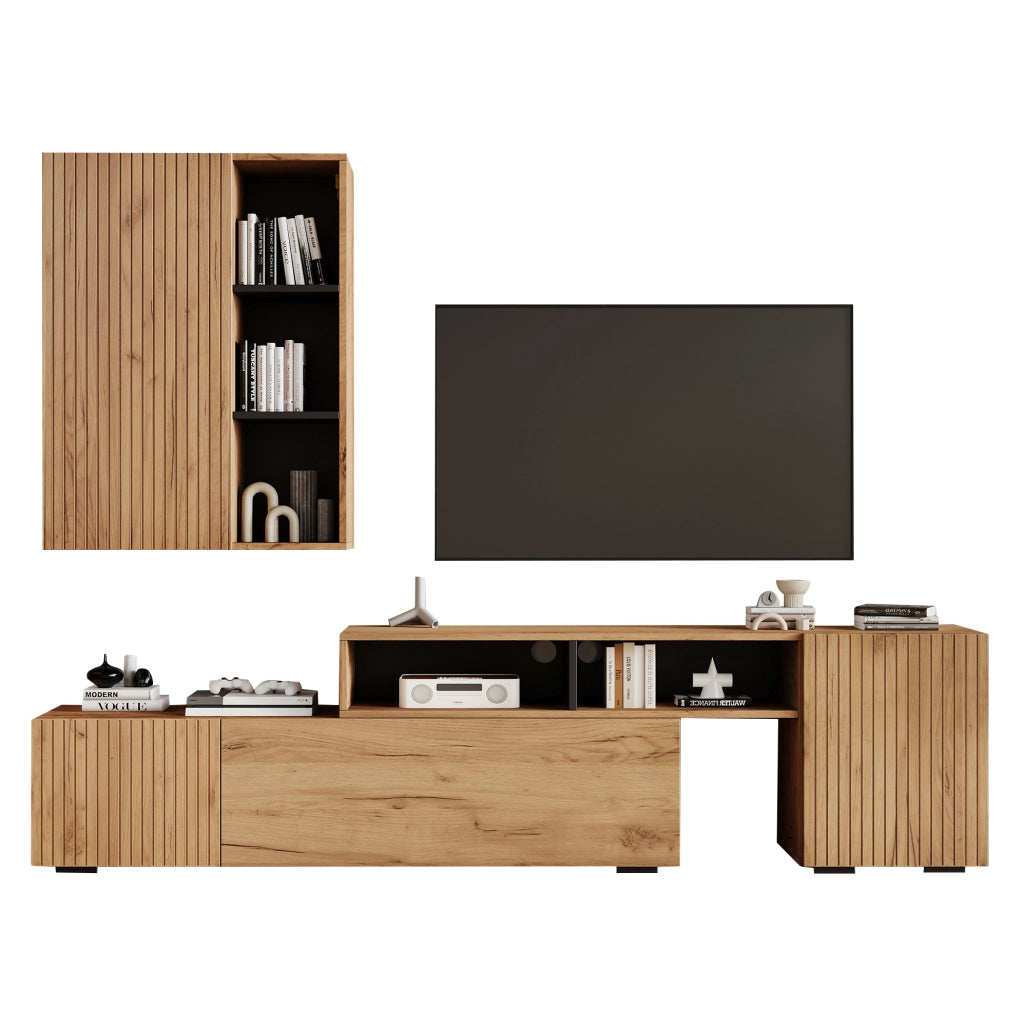 Parete TV in rovere e nero con mobile regolabile e pensile