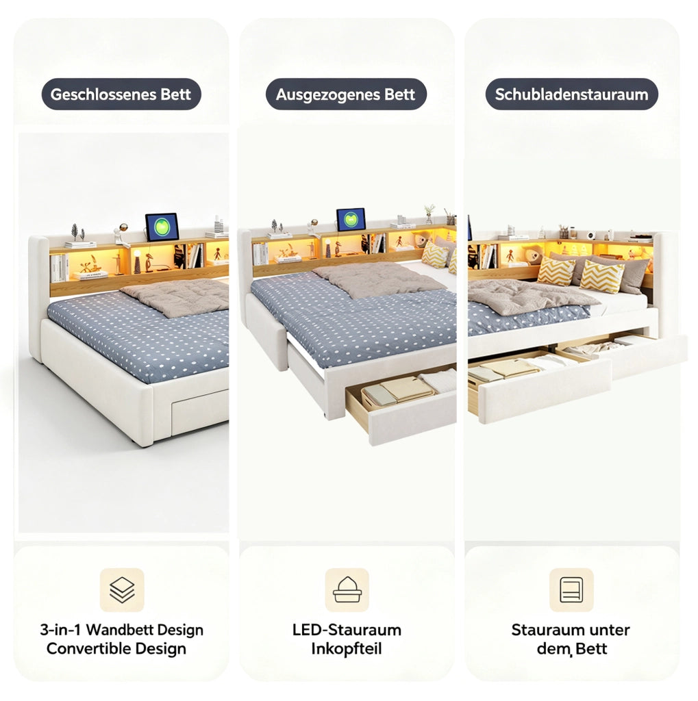 Divano letto 3 in 1 beige e grigio 90x200 cm con LED e presa