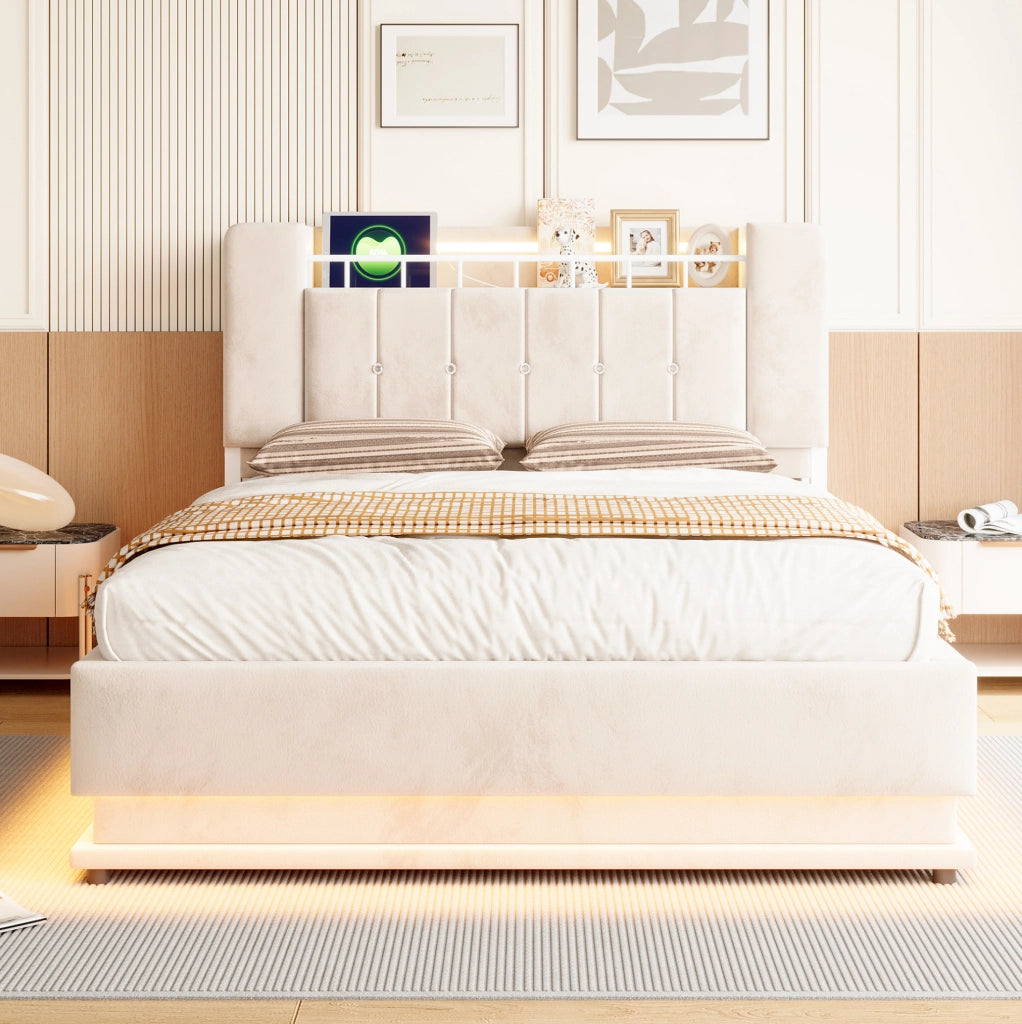 Letto contenitore imbottito 140 x 200 cm beige con LED e USB