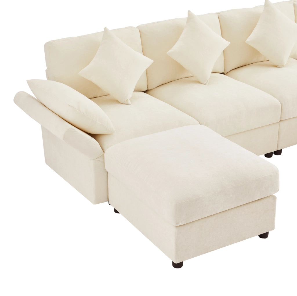 Divano modulare in ciniglia beige 4-6 posti con 2 pouf