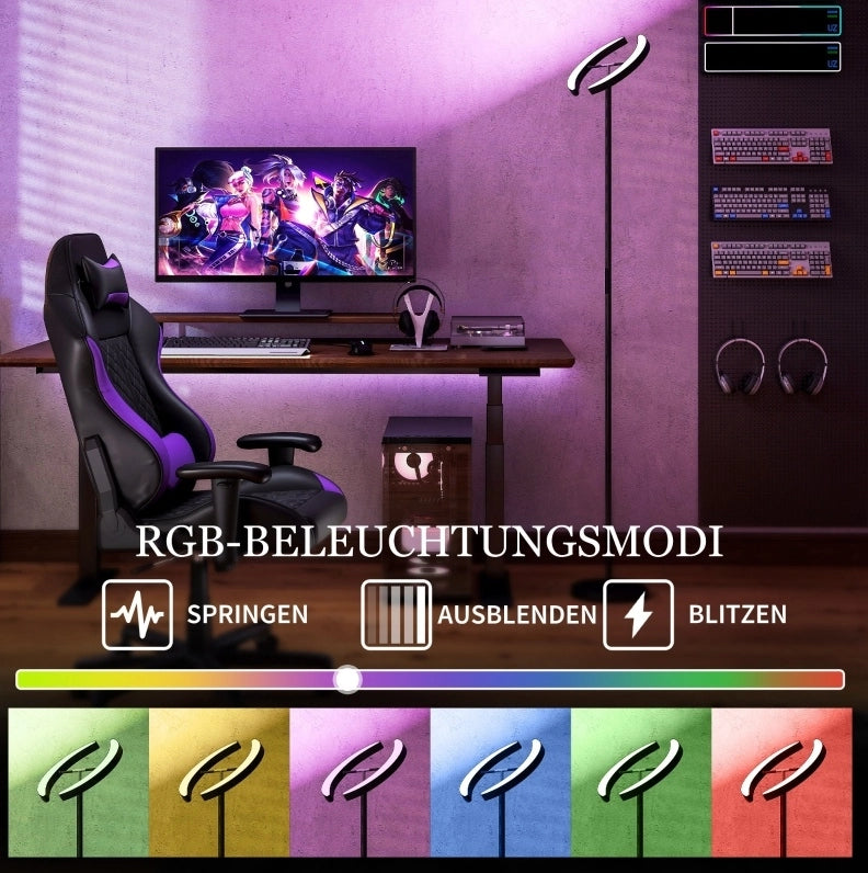 Lampada da terra LED RGB nera con doppia testa orientabile e telecomando