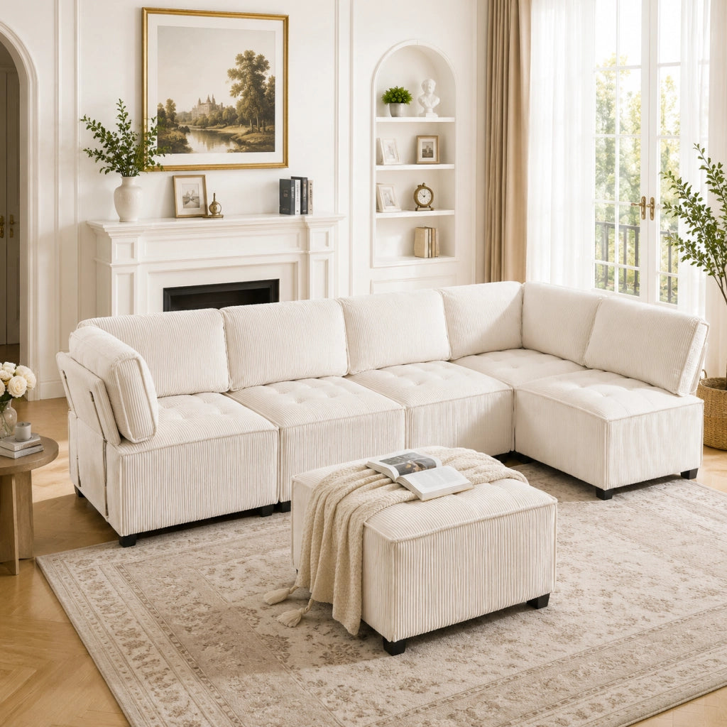 Divano modulare a 6 posti in velluto a coste beige