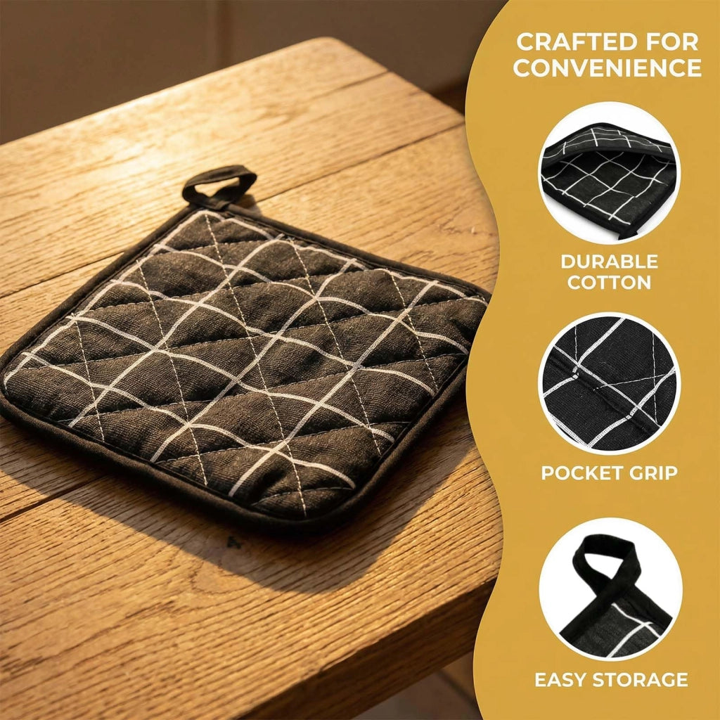 2 presine resistenti al calore, 18x18 cm, nere, in misto cotone e lino