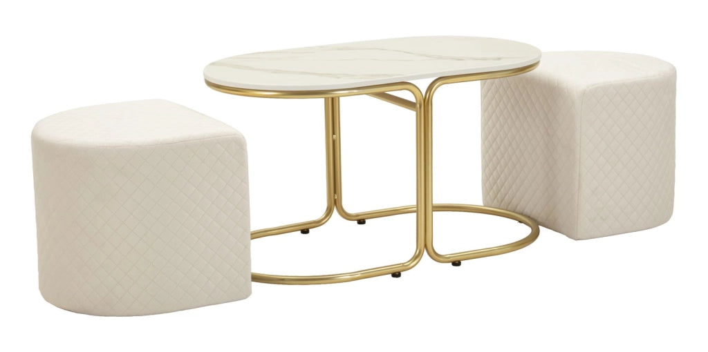 Tavolo da Caffè Moderno con 2 Puff Relax inclusi in Legno e Metallo Oro cm 79x45x44 - Set Salvaspazio Design Scandinavo