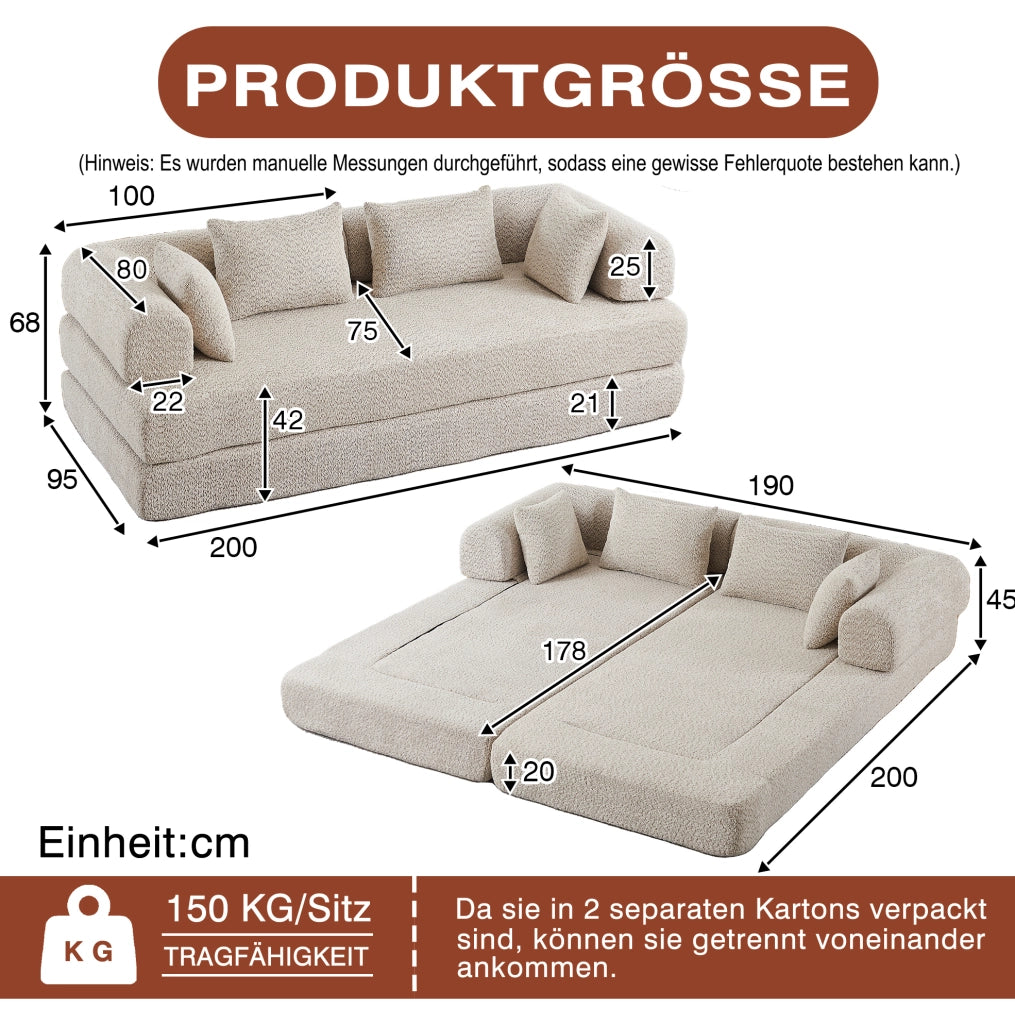 Divano letto modulare 4 in 1 in ciniglia beige con 4 cuscini