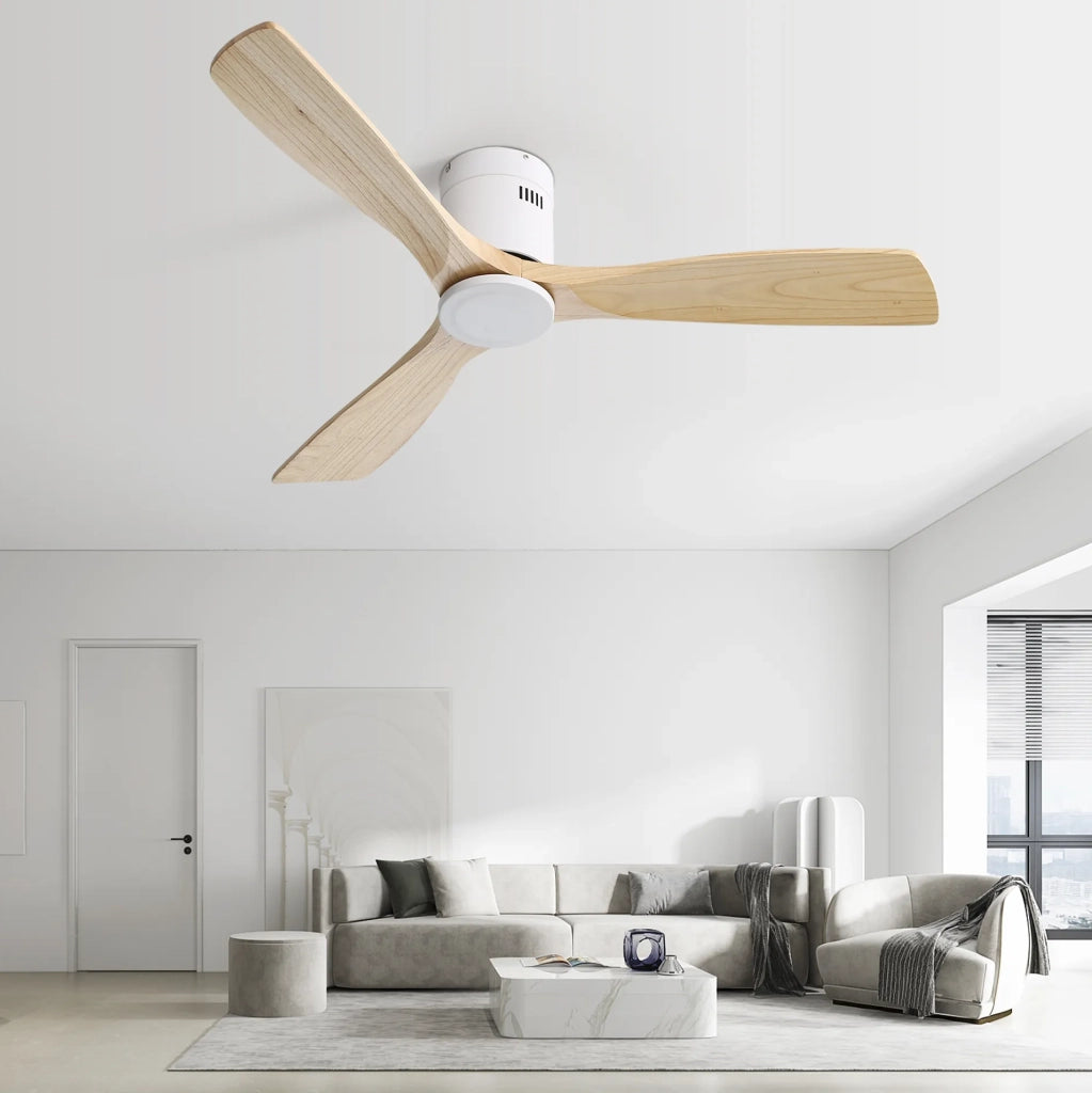 Ventilatore da soffitto 132 cm con motore DC reversibile; 3 pale in legno e telecomando; bianco
