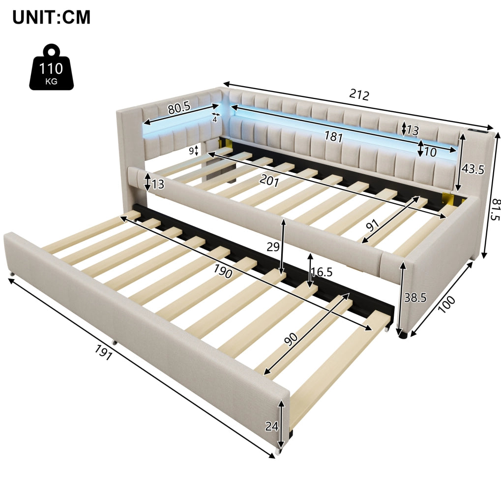 Daybed estraibile con illuminazione LED, 90x200 cm, in lino beige con porte USB e TYPE-C