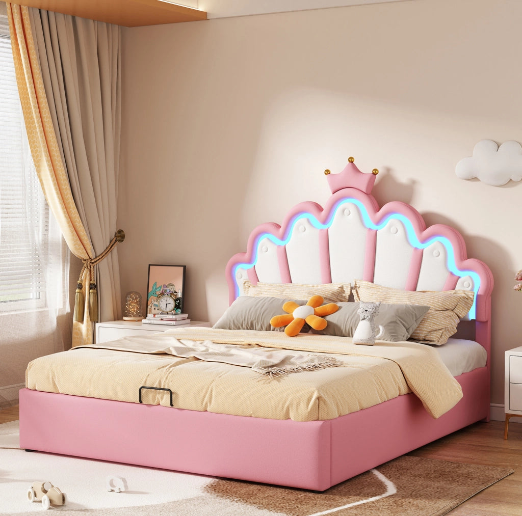 Letto contenitore imbottito 140 x 200 cm rosa con LED e corona