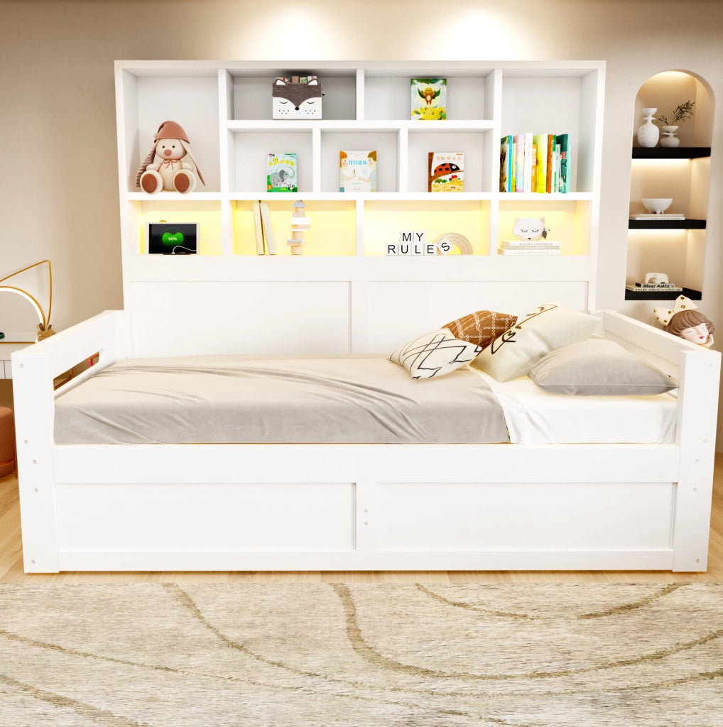 Letto singolo 90 x 200 cm bianco con vano contenitore, LED e prese