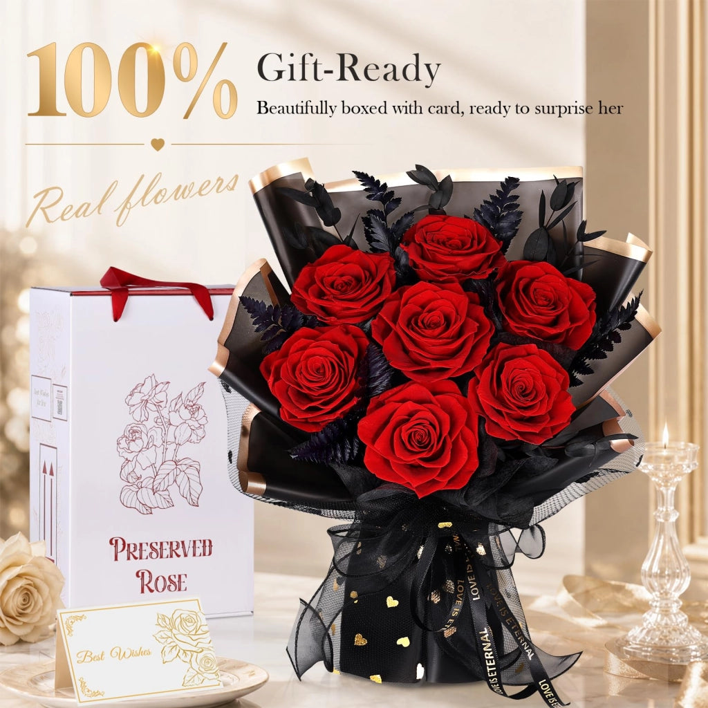 Composizione floreale con 7 rose rosse a lunga durata, elegantemente confezionata in nero