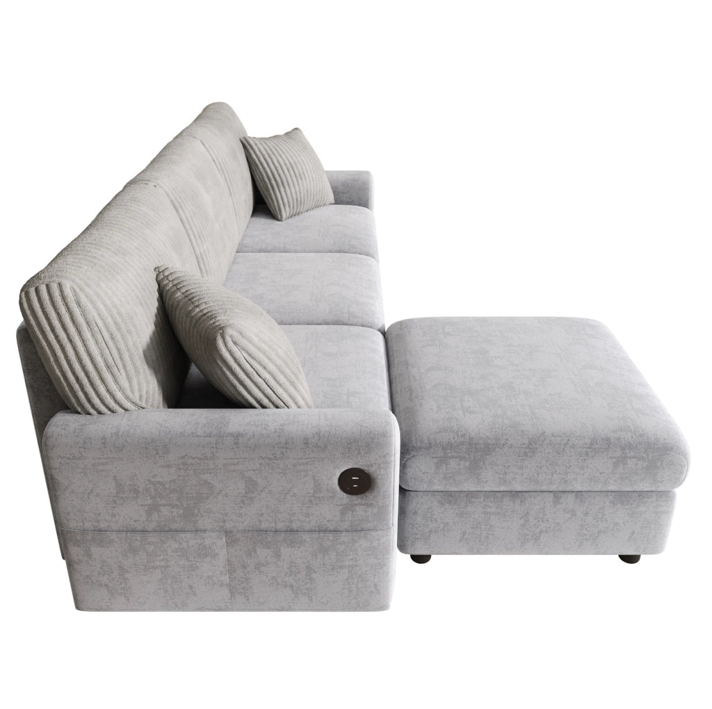 Divano grigio 223x146 cm con pouf, 2 cuscini, USB e USB-C in ciniglia e velluto a coste