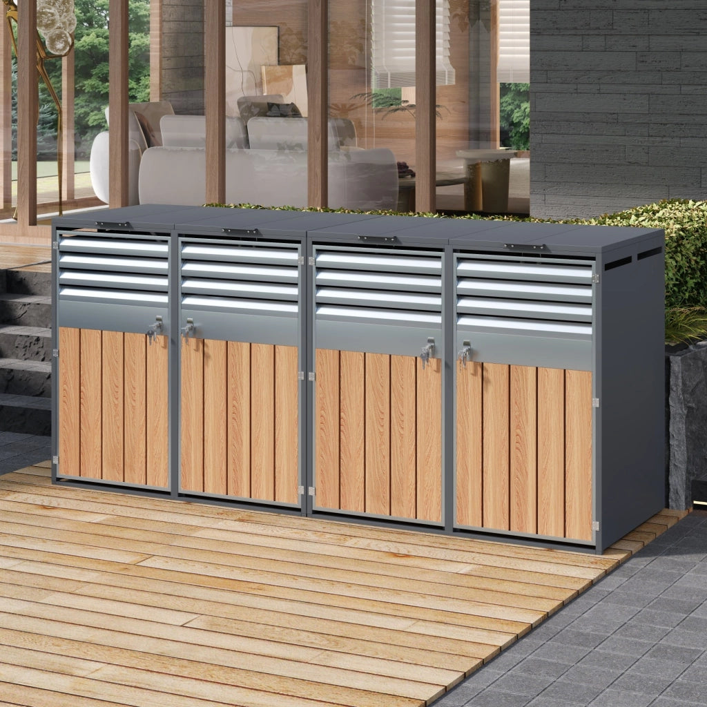 Box portabidoni da esterno 264x118;5x80 cm a 4 vani in acciaio; grigio e legno