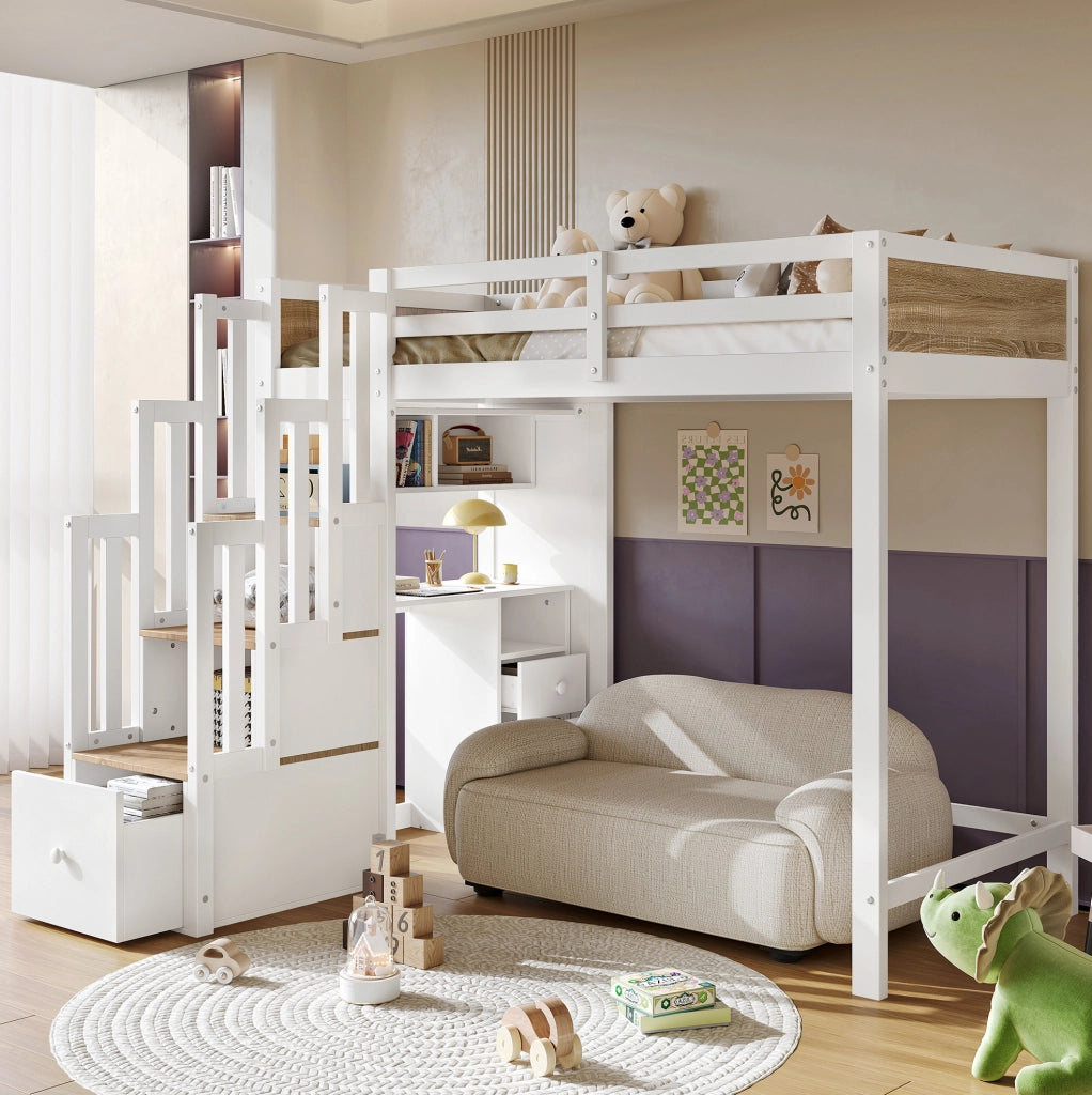 Letto a soppalco per bambini 90x200 cm con scrivania e contenitori
