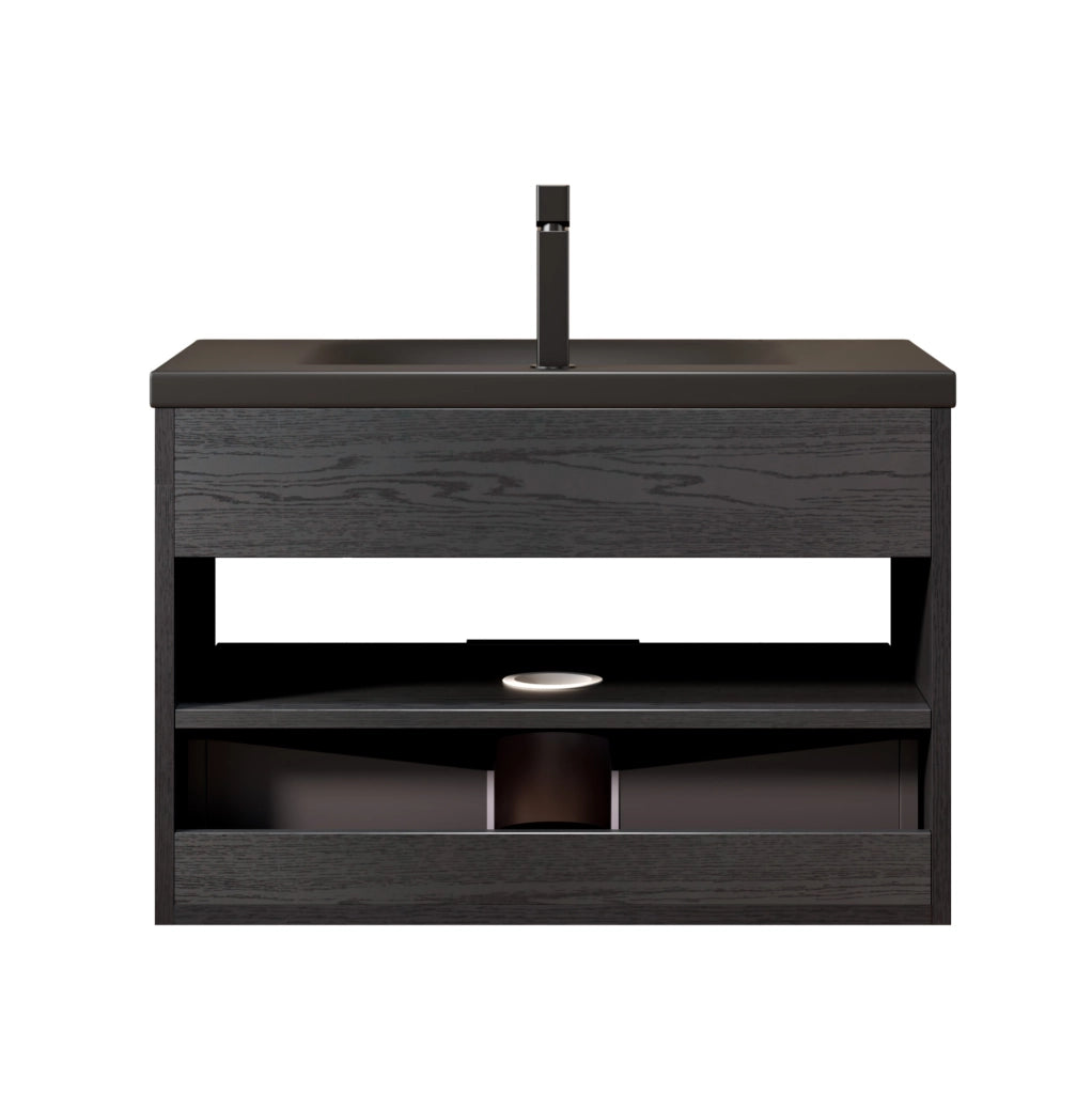 Mobile bagno con lavabo in ceramica nera, cassetto e ripiano