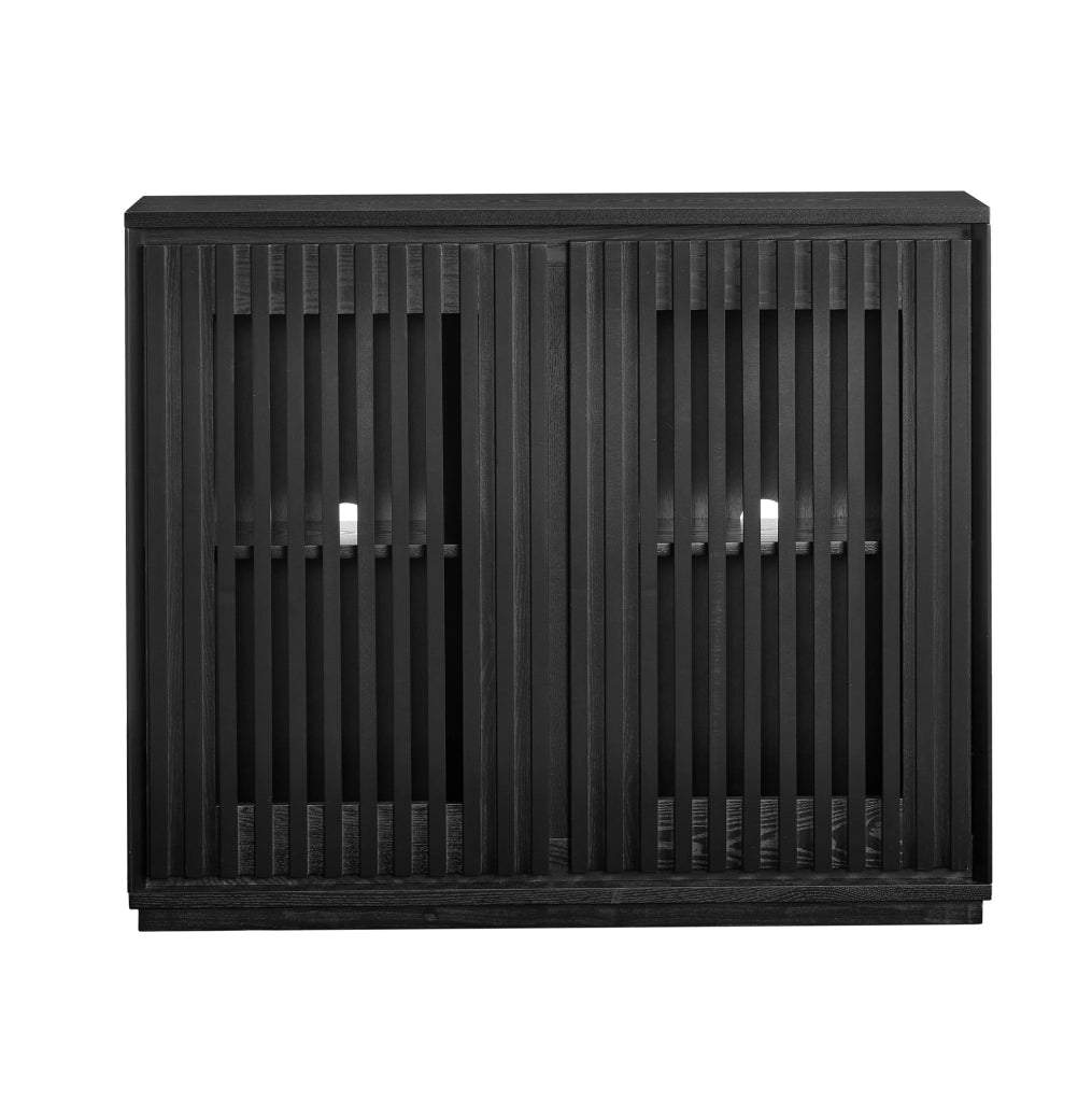 Credenza nera in MDF con ante a listelli e 2 aperture passacavi, 99 x 23,5 x 82,6 cm