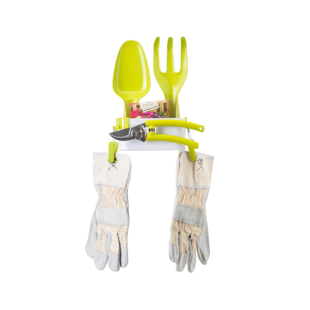 Set di attrezzi da giardinaggio, verde, composto da paletta, rastrello, forbici e pratico supporto con clip per appendere i guanti da giardinaggio, ideale per amanti di fiori e piante