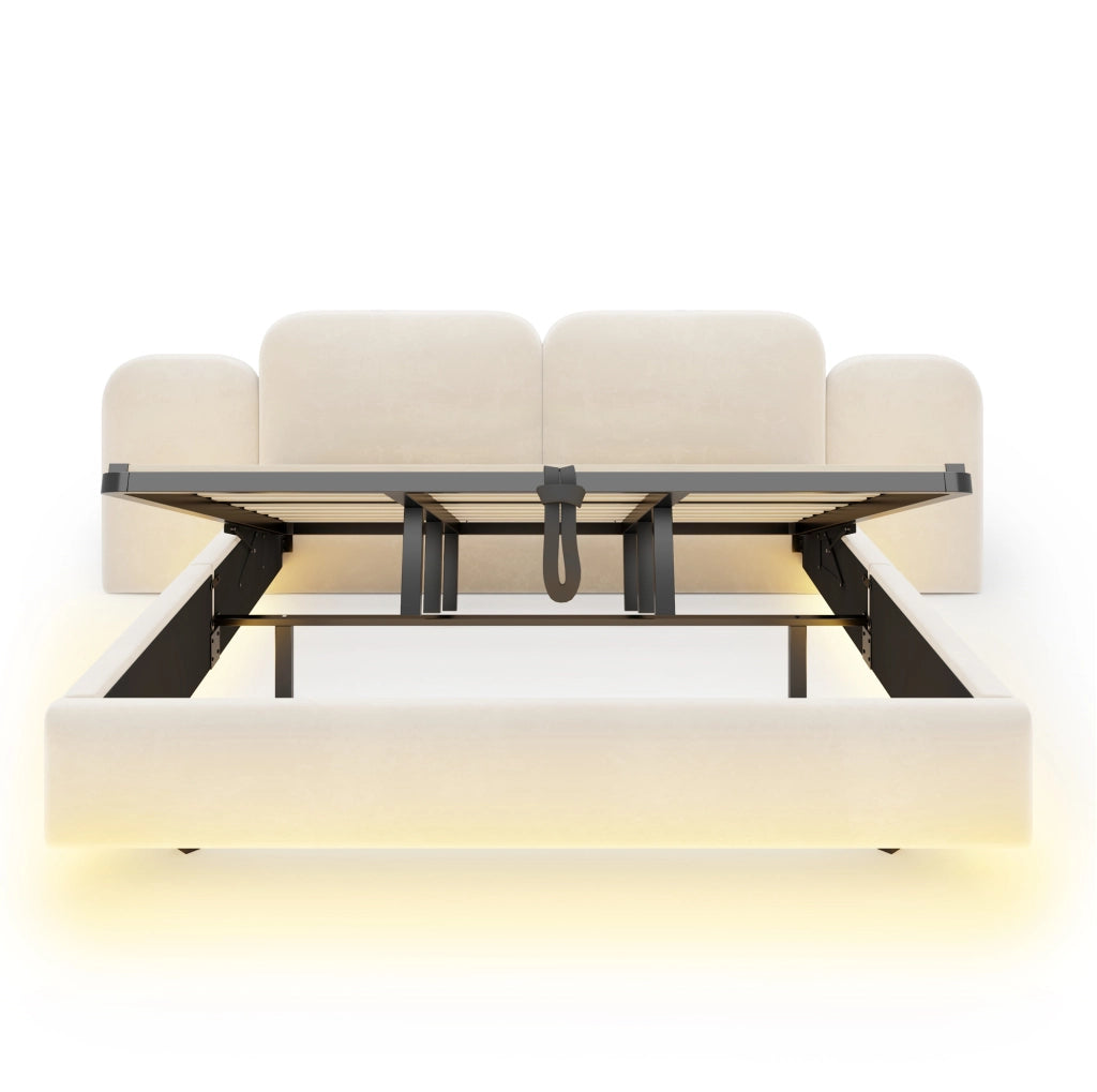 Letto contenitore imbottito 180 x 200 cm beige con LED e prese USB