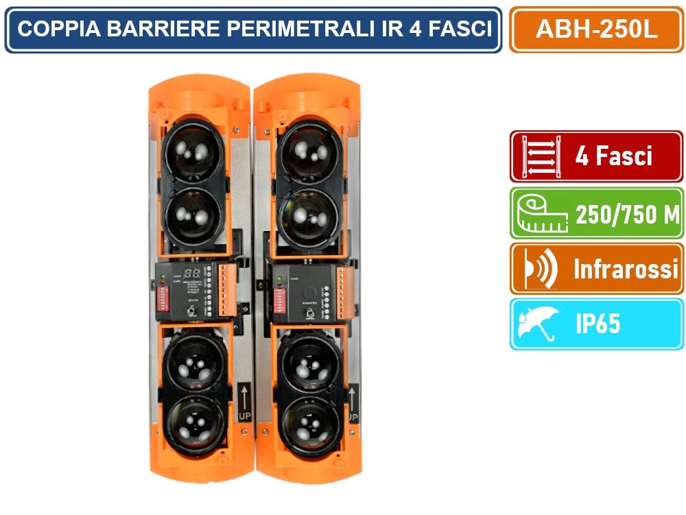 COPPIA BARRIERE PERIMETRALI CABLATE AD INFRAROSSI 4 FASCI DISTANZA RILEVAMENTO 250/750 METRI DA ESTERNO IP65