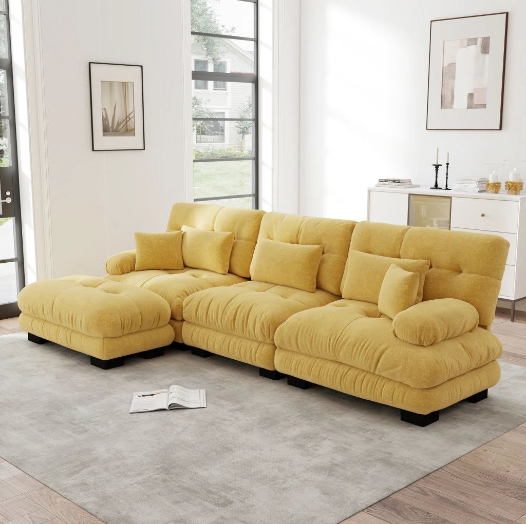 DIVANO Modulare in Chenille Giallo con pouf mobili