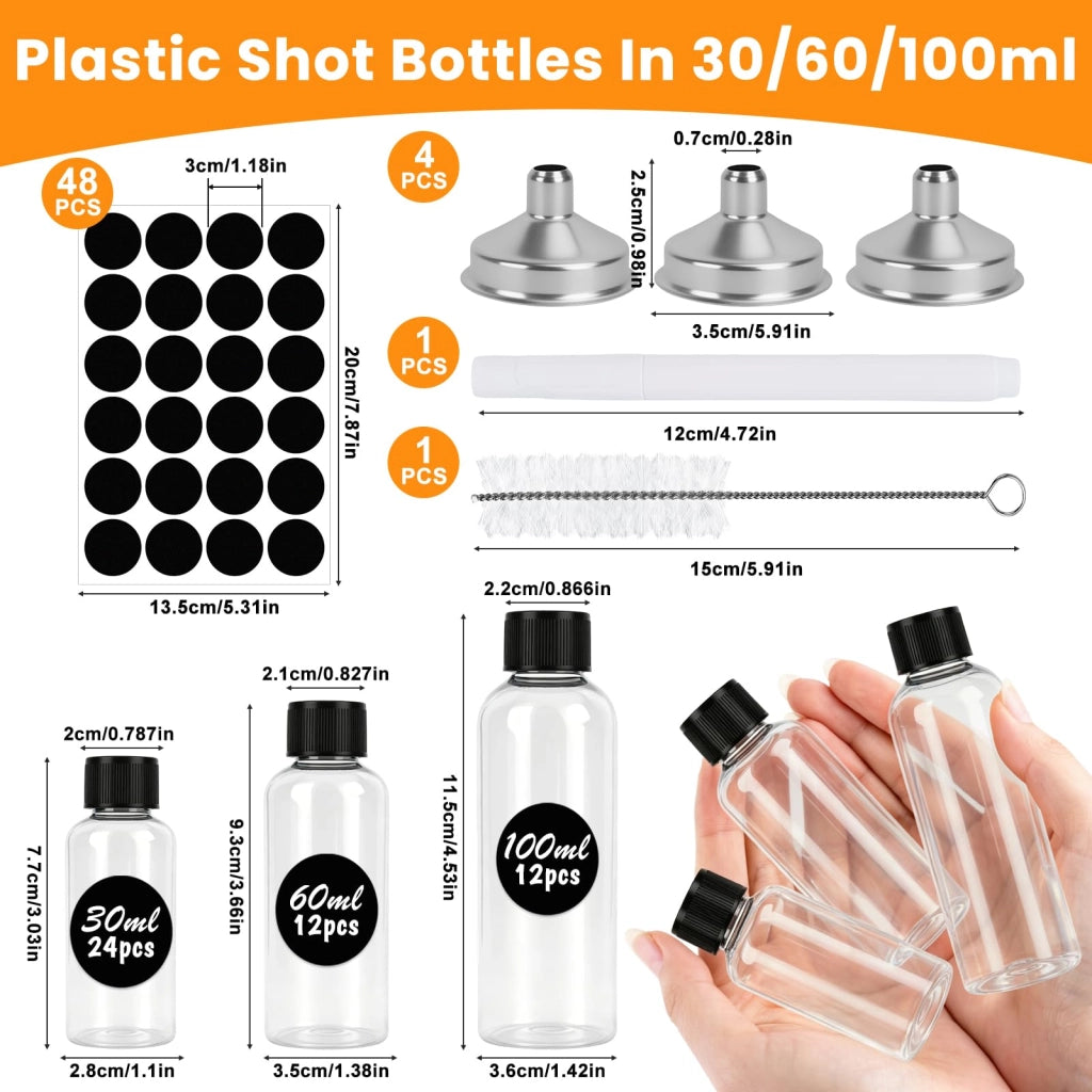 48 mini-bottiglie di plastica da 30/60/100 ml, riutilizzabili, con accessori
