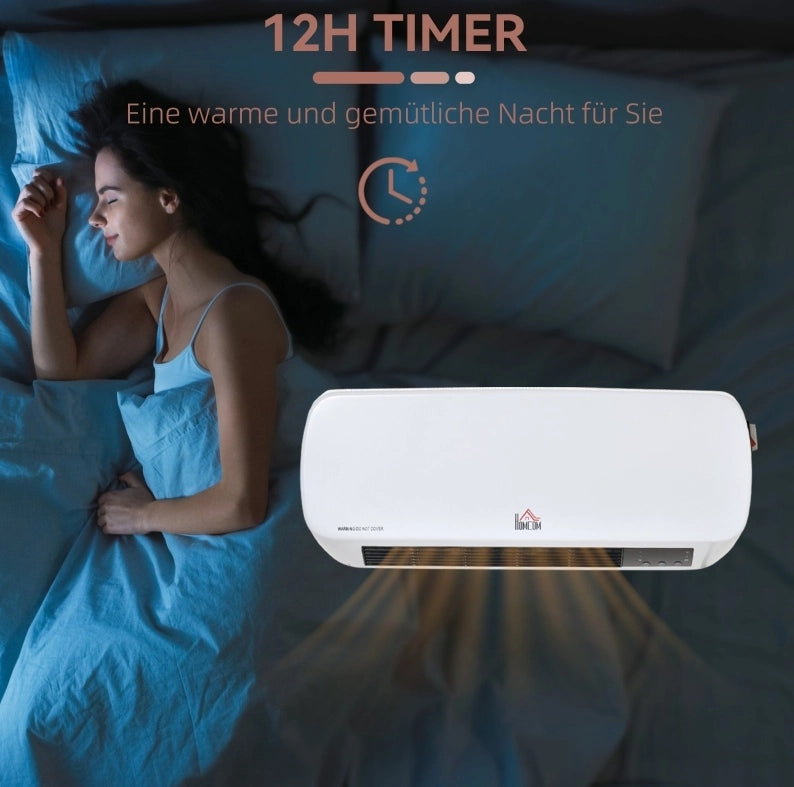TERMOVENTILATORE da parete 2000 W con telecomando, timer 12 h, bianco