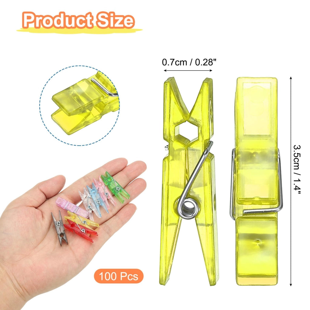 Piccole mollette per bucato, 100 pezzi, trasparenti gialle, dimensioni 35 x 7 x 10 mm