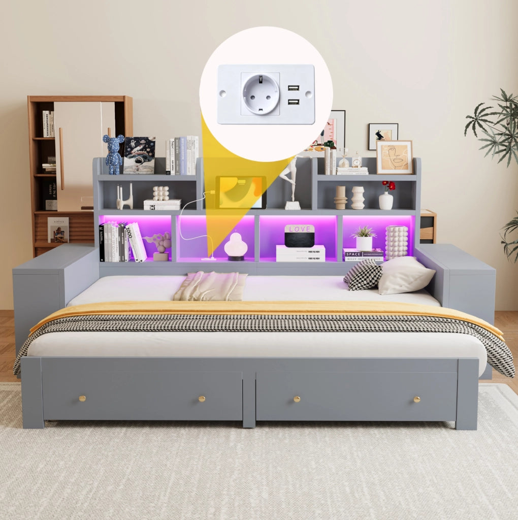 Divano letto estraibile grigio con vani, cassetti e illuminazione