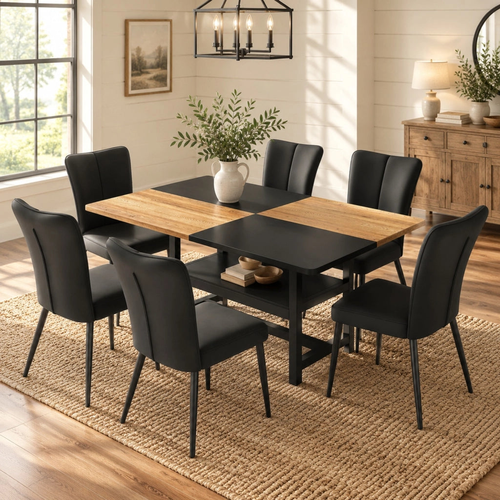 Set tavolo da pranzo IVMEU da 160 cm con ripiano e 4 sedie in similpelle, marrone e nero