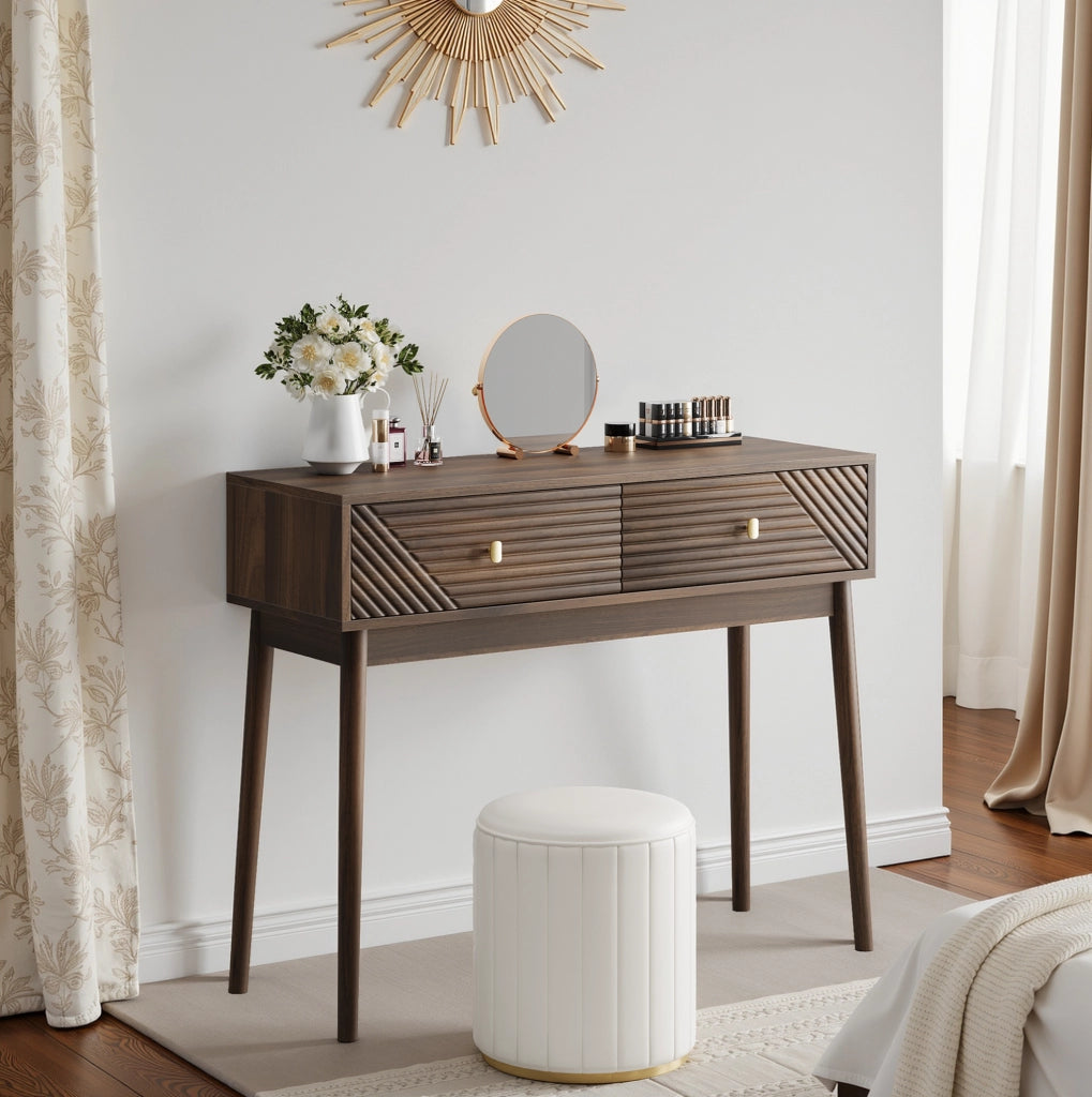 Consolle color noce con due cassetti e gambe in pino