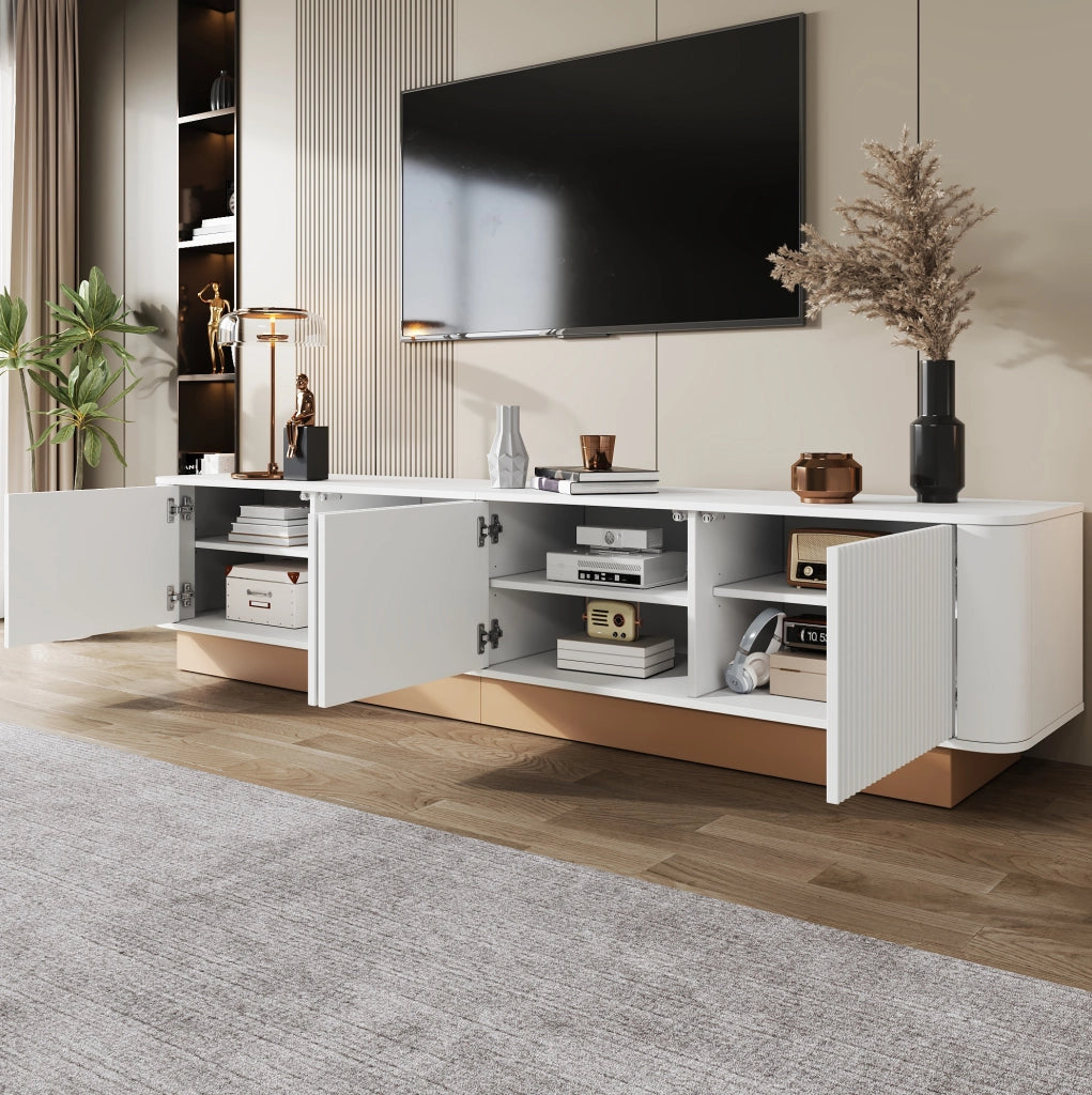 Mobile TV 200 cm Bianco in MDF con 4 Ante, Ripiani Regolabili e Angoli Arrotondati