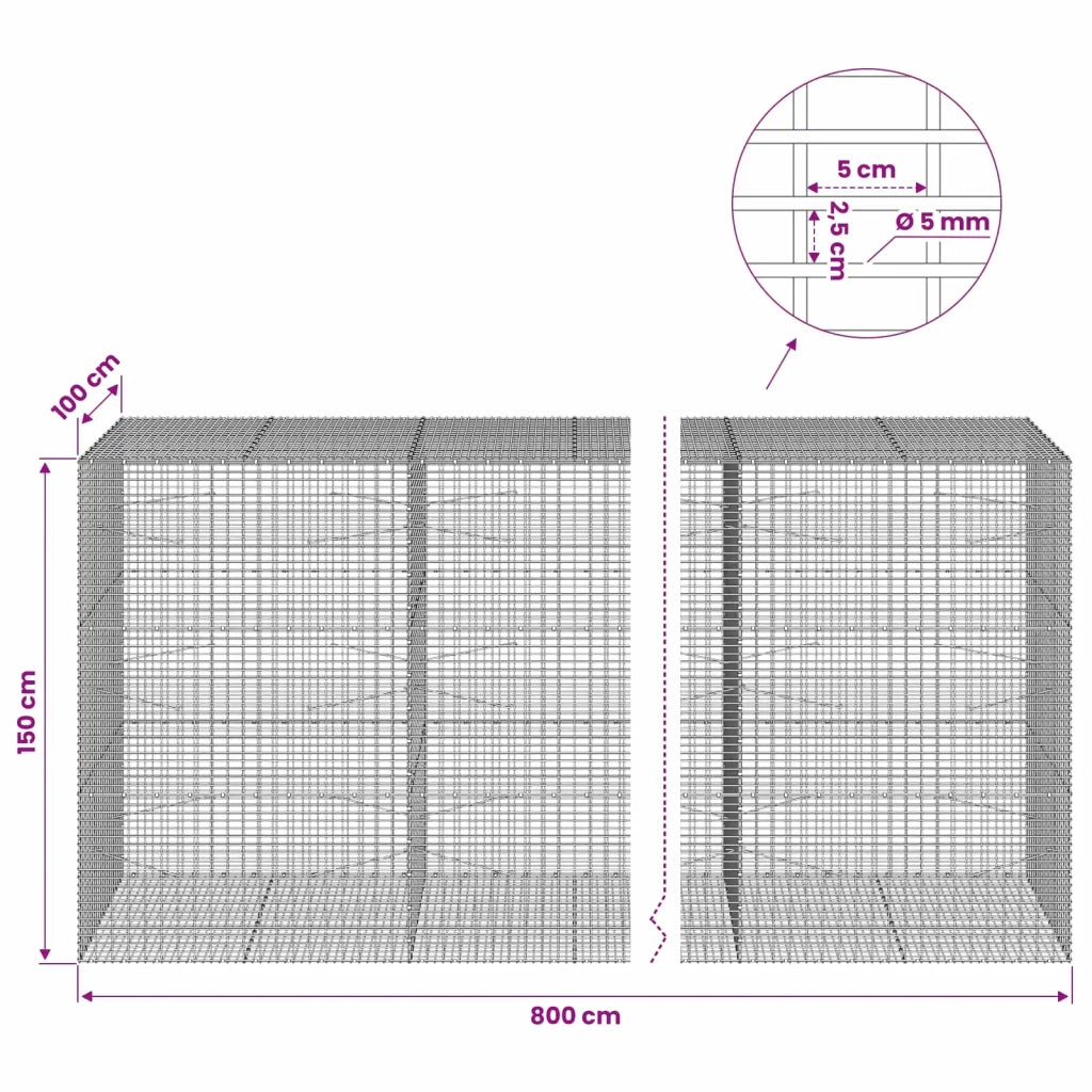 Gabione con Filo da 5 mm e Rete da 5x2,5 cm 800x100x150 cm 3463906