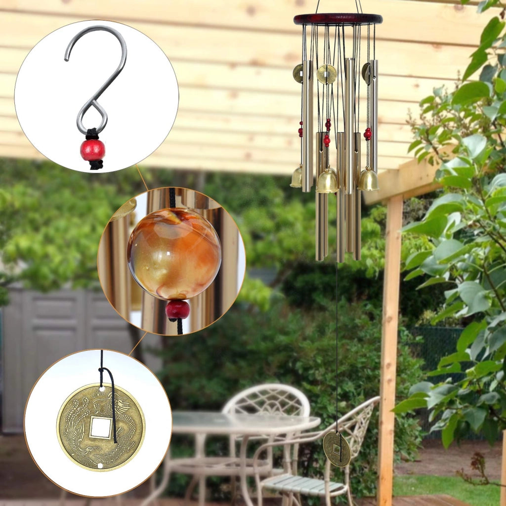 Carillon a vento tradizionale cinese con 10 tubi e 5 campane in bronzo, 85 cm, per giardino e esterno