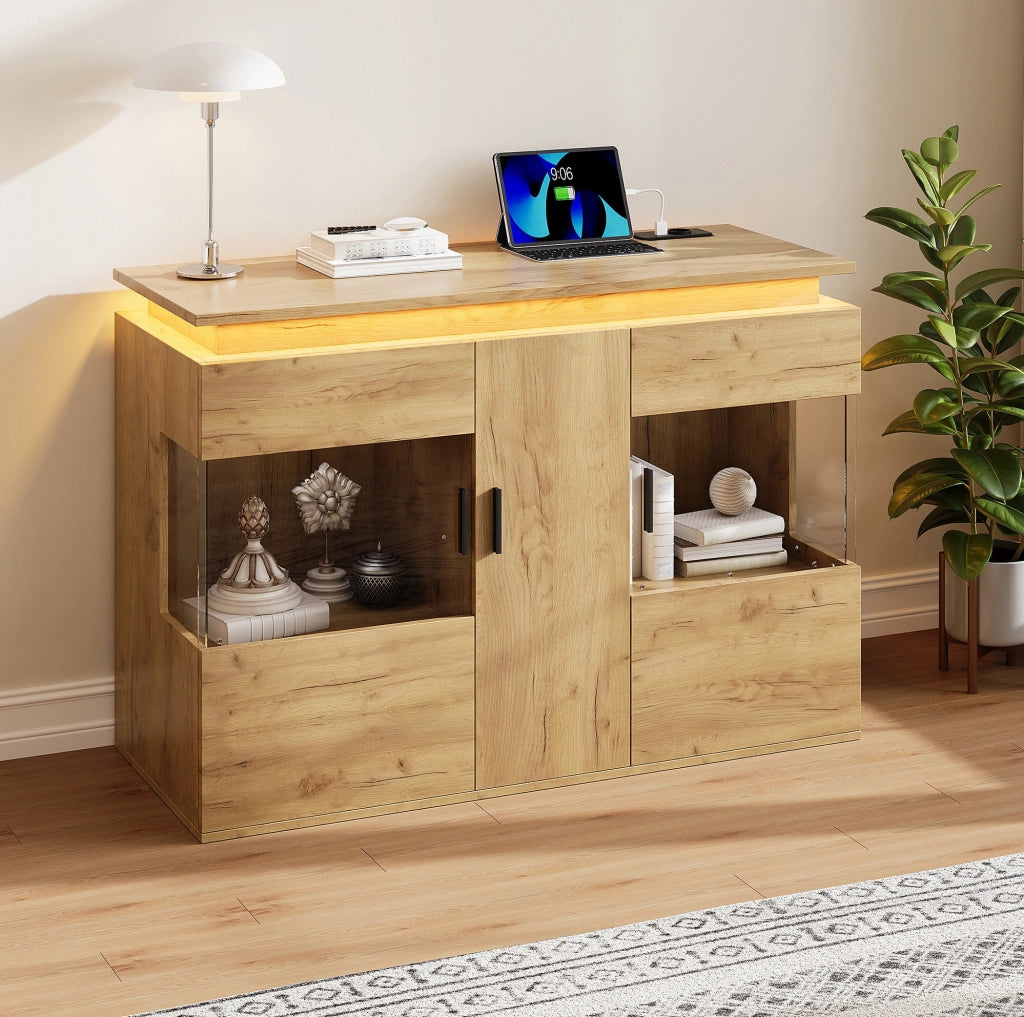 Credenza rovere chiaro con luci a 16 colori e prese di ricarica