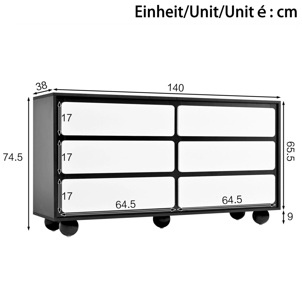 Cassettiera a sei cassetti 140x38x74,5 cm in truciolare bianco e nero