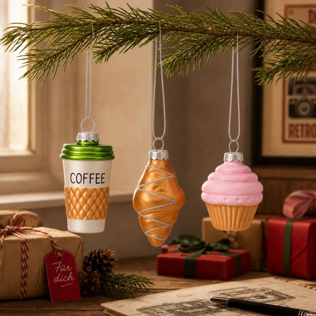 Set di 3 decorazioni natalizie in vetro: caffè e pasticcini