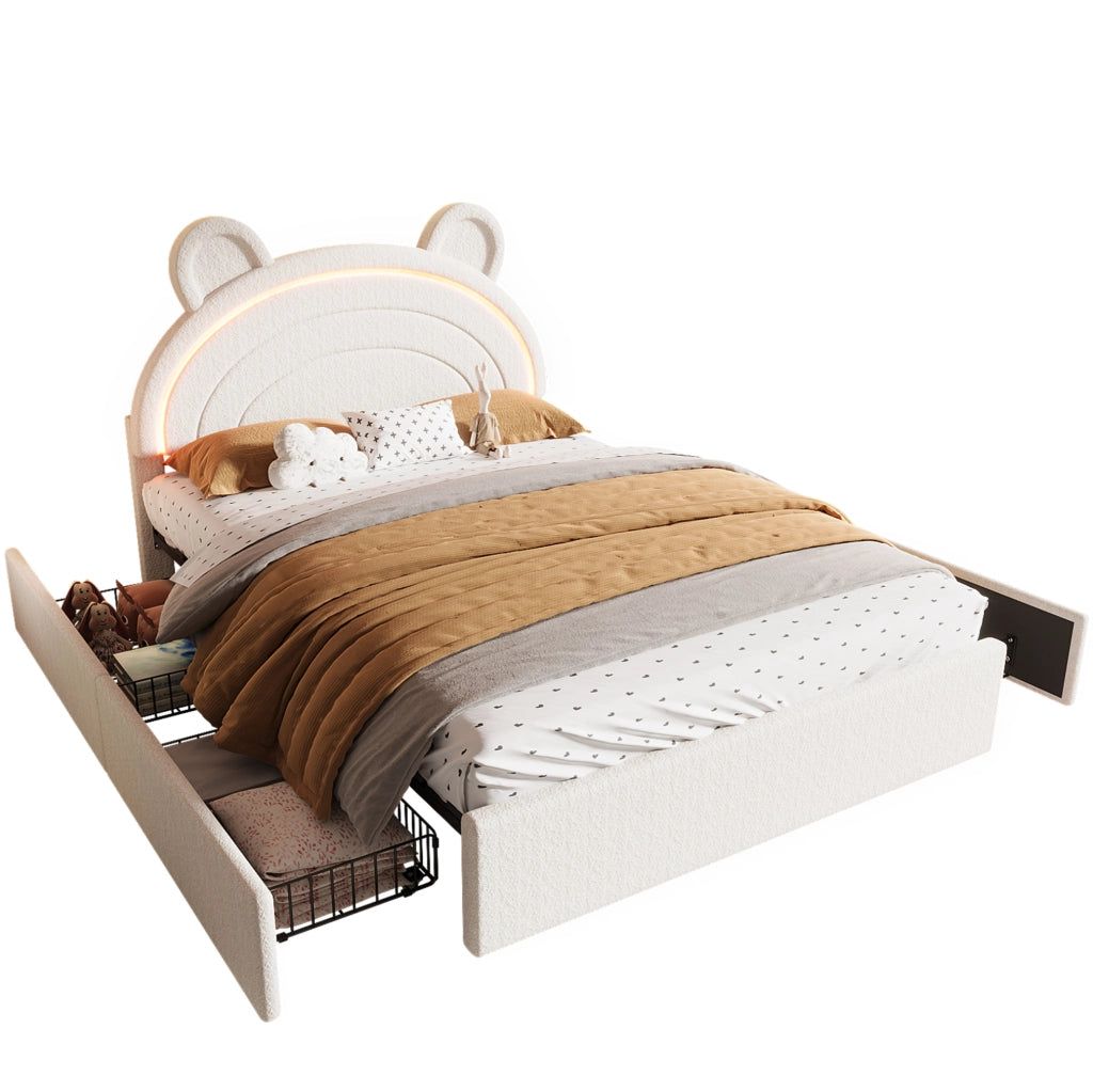 Letto imbottito per bambini 140 x 200 cm beige con 4 cassetti e LED