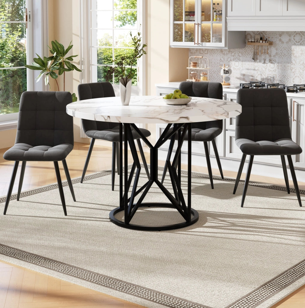 Set tavolo da pranzo rotondo con 4 sedie in velluto 100x100x76 cm; con piano in MDF e gambe in metallo; nero