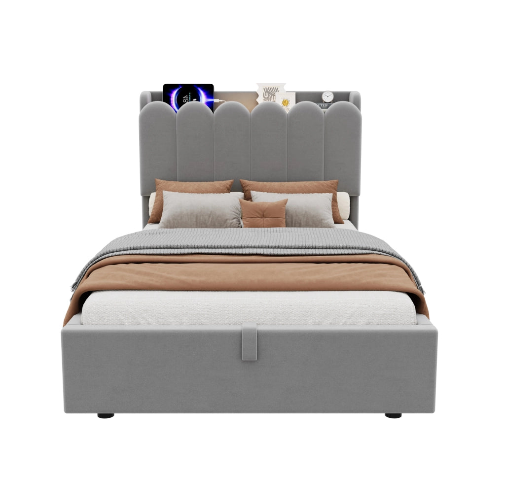 Letto singolo contenitore IVMEU 90x200 cm con rete a doghe, testiera con luce e prese USB e Type-C, velluto grigio