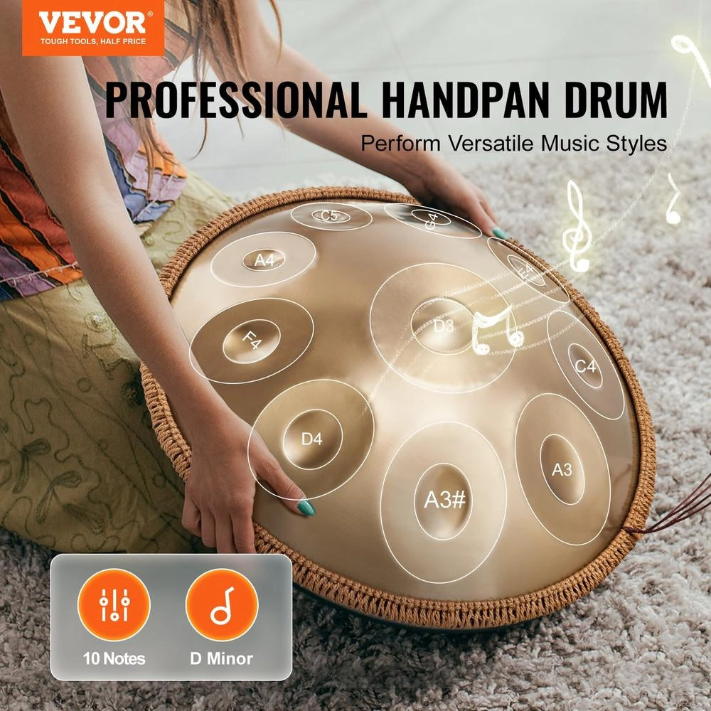Tamburo Handpan a Mano 550 mm 10 Note in Re Minore 432 Hz Strumento a Percussione Dorato con Supporto Borsa e Mazze per Meditazione e Musica