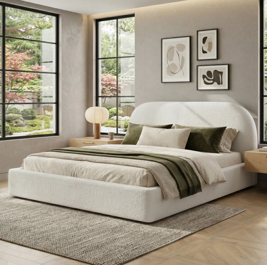 Letto matrimoniale imbottito in tessuto bouclé beige con testiera imbottita
