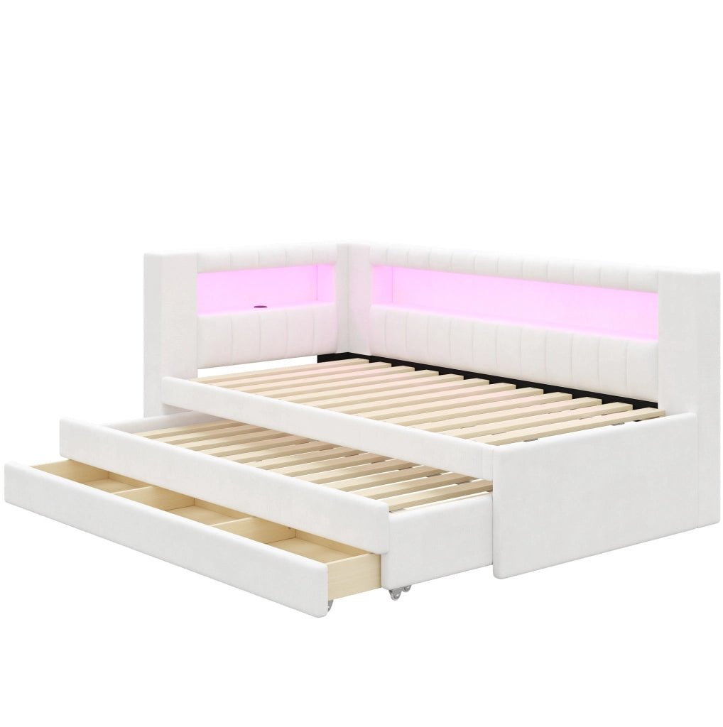 Letto divano imbottito 90 x 200 cm con letto estraibile, 3 cassetti, LED e USB, bianco