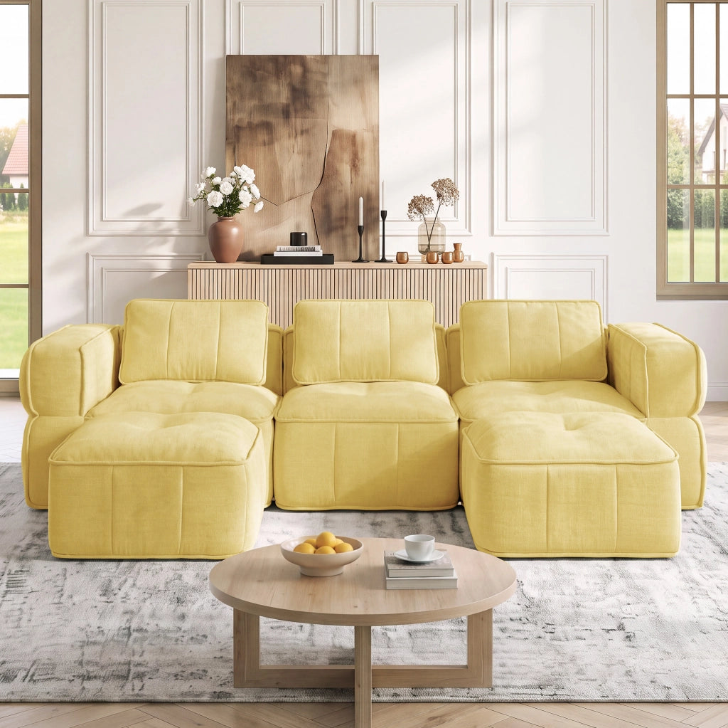 Divano modulare giallo in poliestere con seduta profonda e pouf