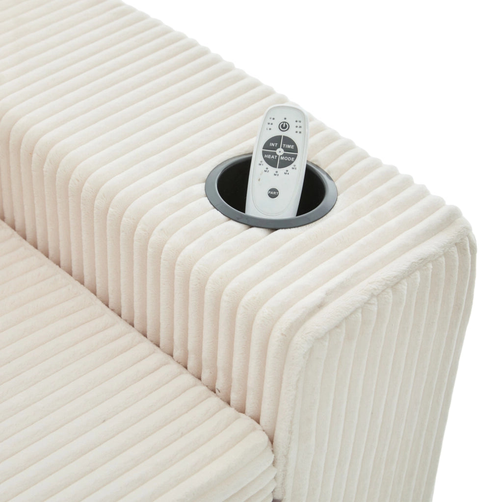 Divano modulare beige in velluto a coste con portabicchieri