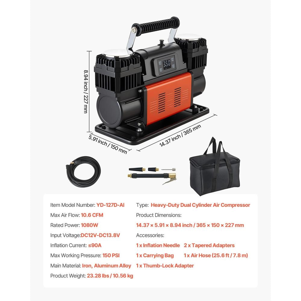 Compressore d'Aria Portatile 12V 1080W YD-127D-AI per Pneumatici Auto SUV Camper con Display Digitale LCD e Arresto Automatico 150 PSI