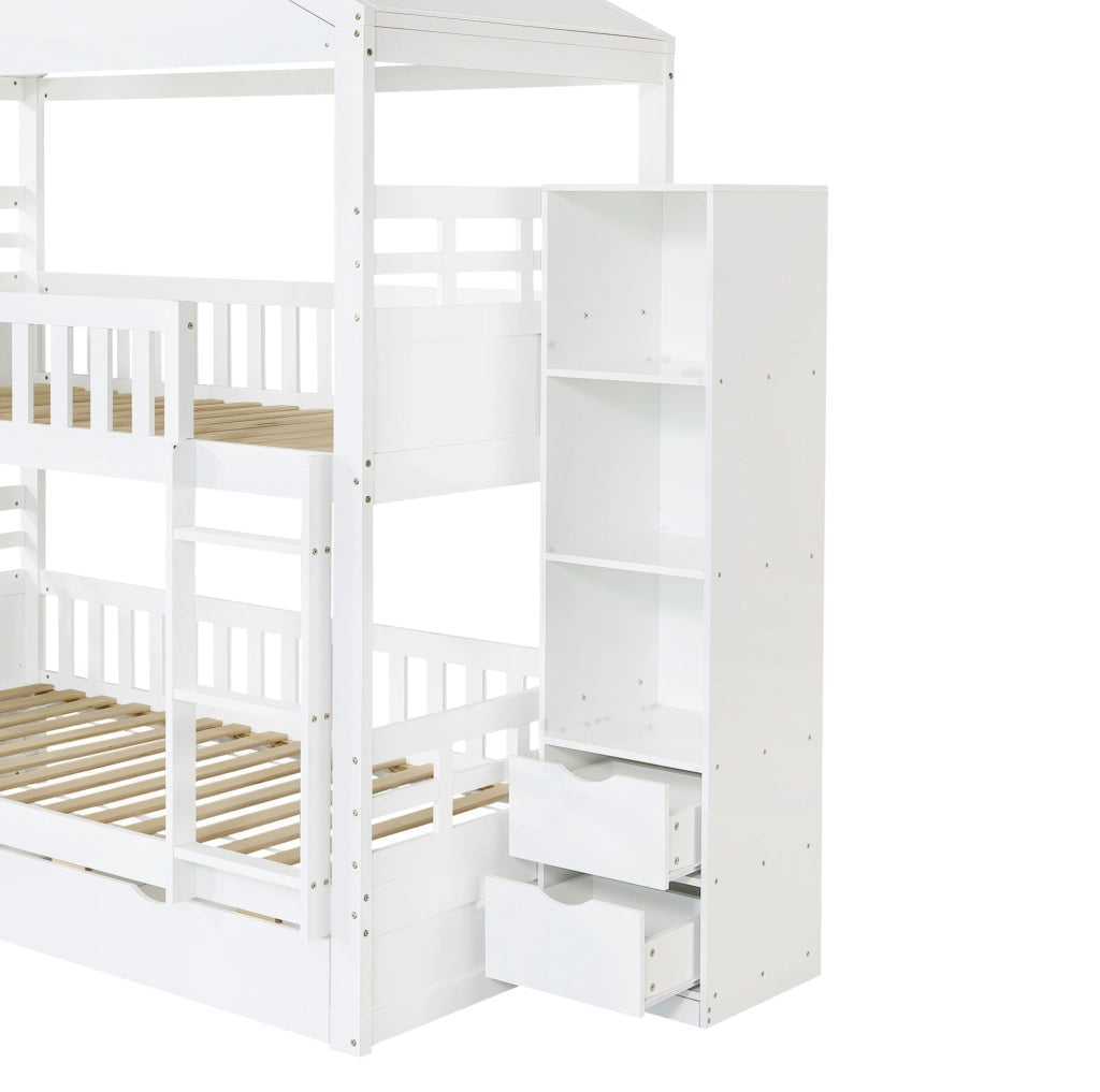 Letto a castello a casetta 90 x 200 cm bianco con 2 cassetti, vani laterali e scala