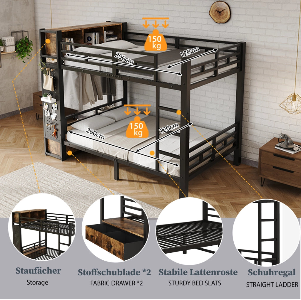 Letto a castello 120x200 cm con contenitori, nero e noce scuro